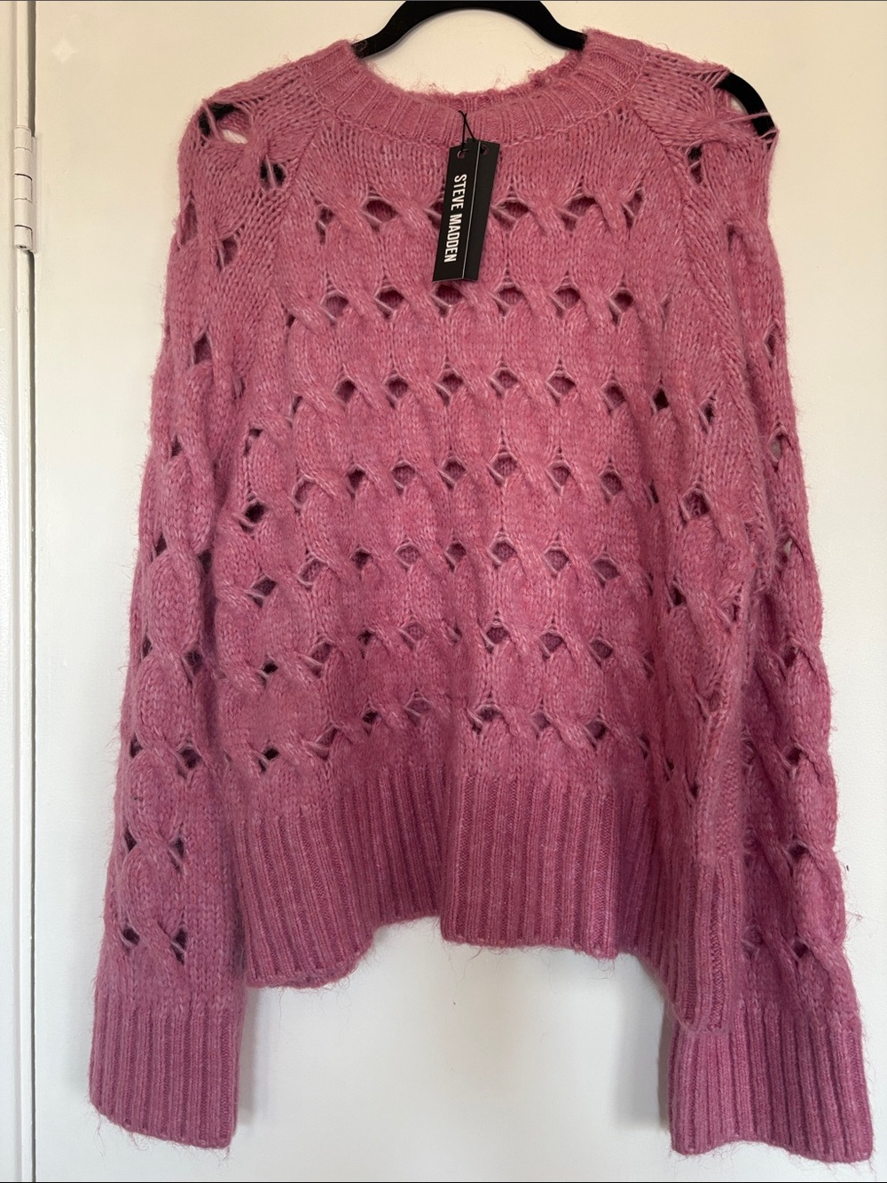 Steve Madden Rose Pink Open-Knit Crewneck Sweater